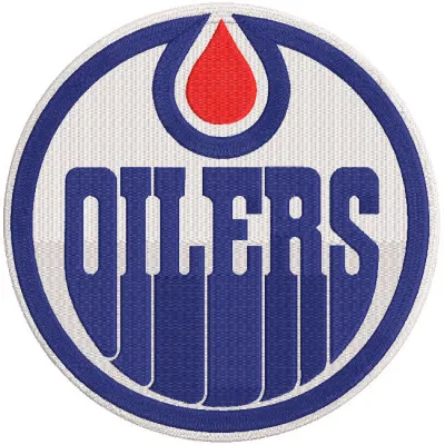 Edmonton Oilers logo embroidery design featuring the team's iconic blue and orange colors on a textured background.