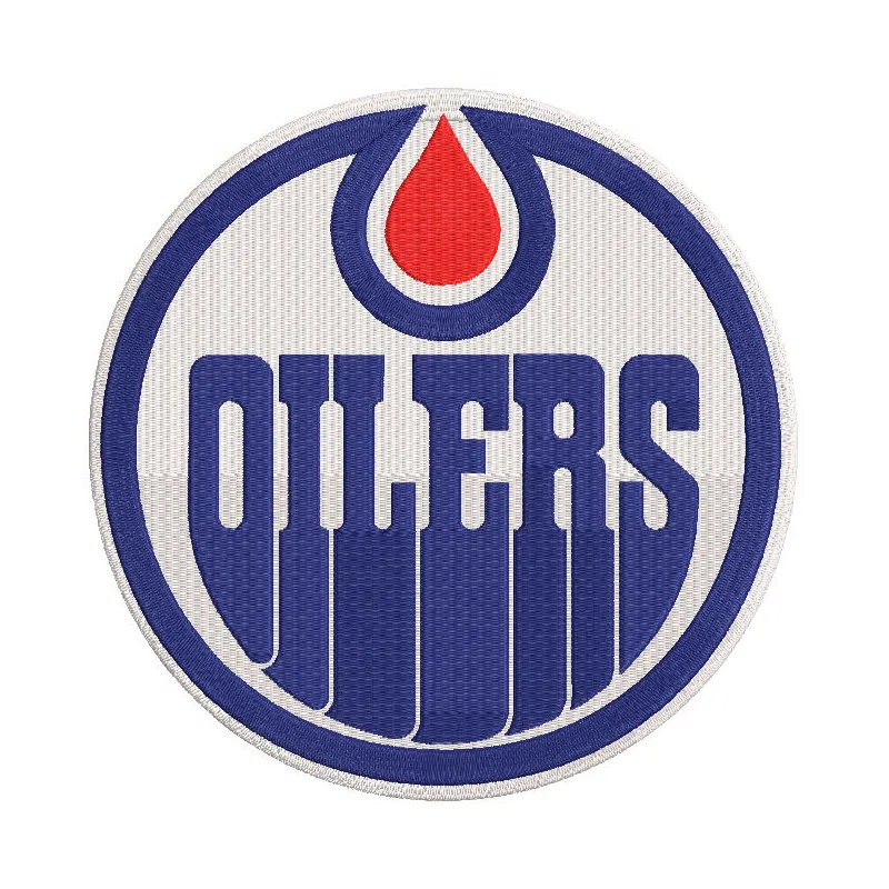 Edmonton Oilers logo embroidery design featuring the team's iconic blue and orange colors on a textured background.