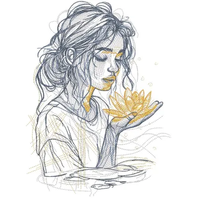 A girl holding a magic lotus flower, showcasing a detailed embroidery design for girls and women.