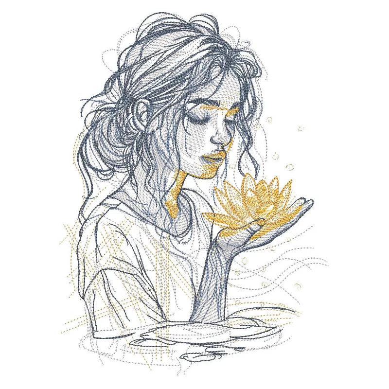 A girl holding a magic lotus flower, showcasing a detailed embroidery design for girls and women.