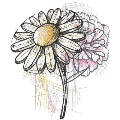 Stylized sketch of chamomile hydrangea in an intricate embroidery design, showcasing floral details.