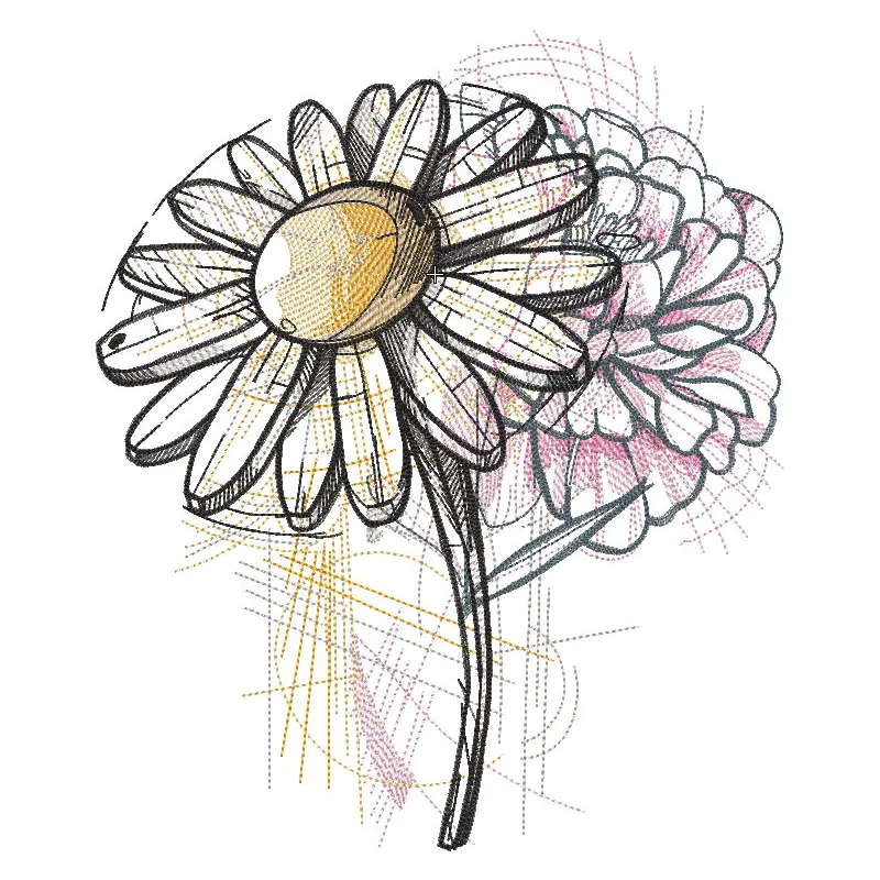 Stylized sketch of chamomile hydrangea in an intricate embroidery design, showcasing floral details.