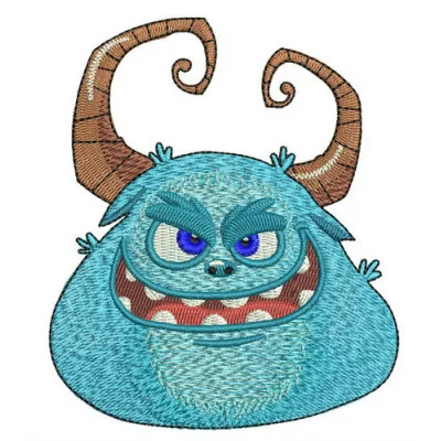 Blue horny monster's muzzle embroidery design with detailed stitching