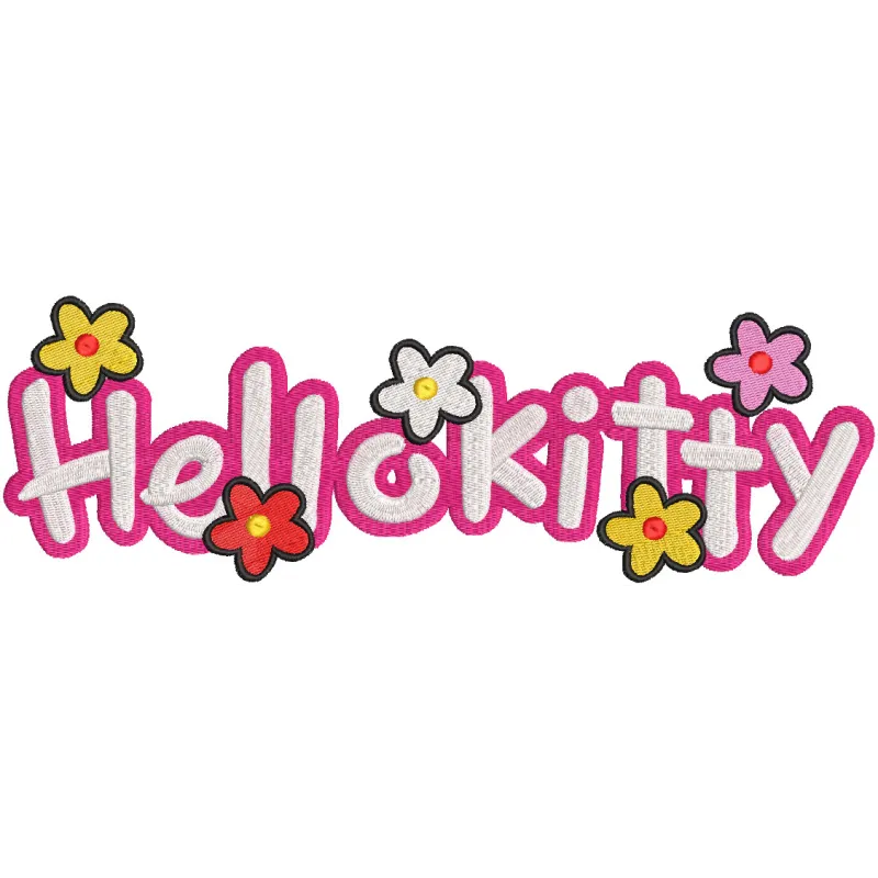 Embroidered Hello Kitty logo adorned with colorful flowers, showcasing a playful and whimsical design.