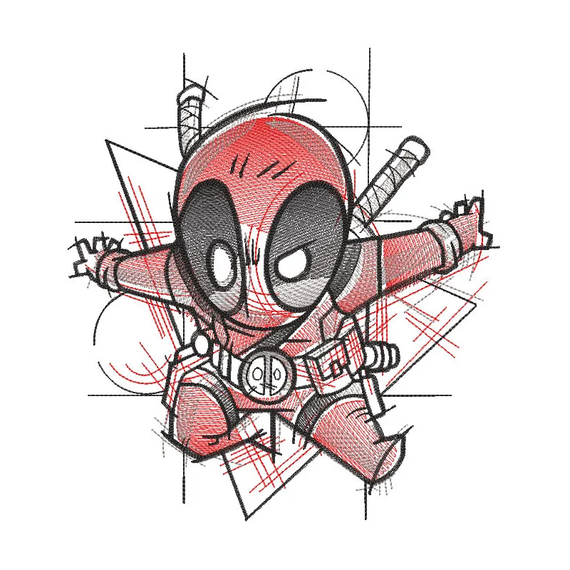 Detailed Deadpool art sketch embroidery design showcasing vibrant colors and intricate patterns.