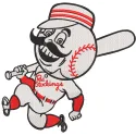 Cincinnati Redlegs logo embroidery design featuring a vintage baseball mascot with a red cap and mustache.