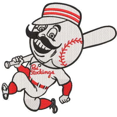 Cincinnati Redlegs logo embroidery design featuring a vintage baseball mascot with a red cap and mustache.