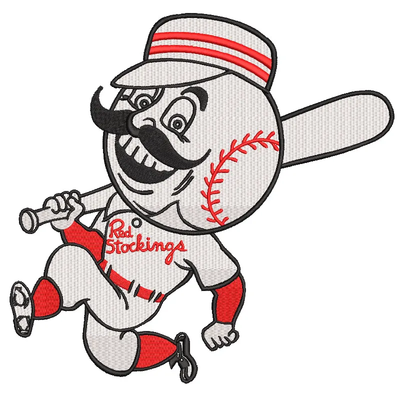 Cincinnati Redlegs logo embroidery design featuring a vintage baseball mascot with a red cap and mustache.