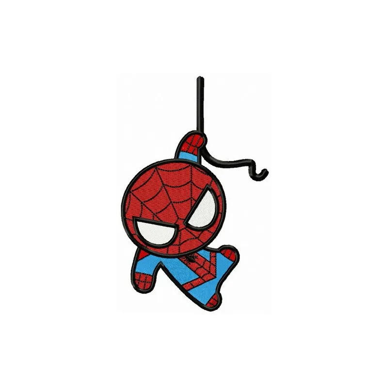 Spiderman hangs on rope embroidery design preview showing stitched superhero character suspended on detailed rope pattern