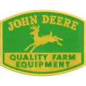 Embroidery design featuring John Deere quality farm equipment in vibrant colors on a textured fabric background.