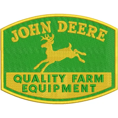 Embroidery design featuring John Deere quality farm equipment in vibrant colors on a textured fabric background.