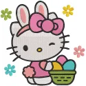 Hello Kitty bunny ears and eggs basket embroidery design featuring colorful Easter eggs and playful bunny motifs.