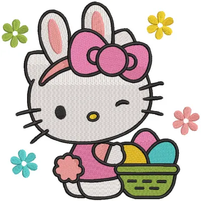 Hello Kitty bunny ears and eggs basket embroidery design featuring colorful Easter eggs and playful bunny motifs.