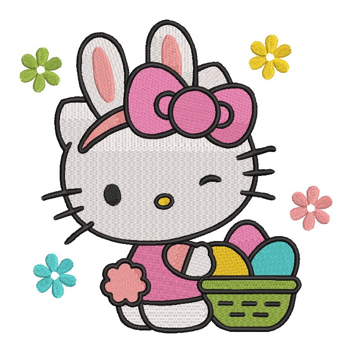 Hello kitty bunny ears and eggs basket embroidery design - Embroidery Design