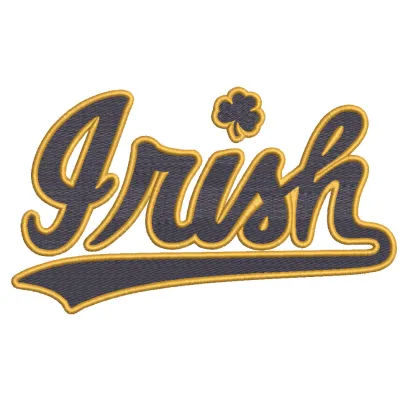 Notre Dame Fighting Irish wordmark logo embroidery design featuring bold gold and blue lettering on a textured background.