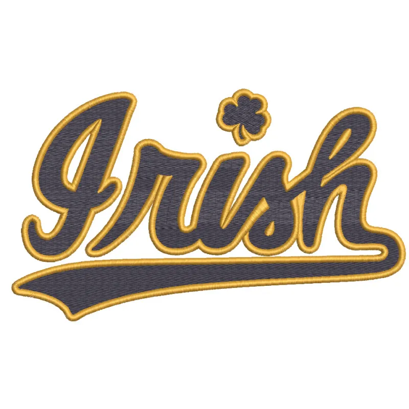 Notre Dame Fighting Irish wordmark logo embroidery design featuring bold gold and blue lettering on a textured background.