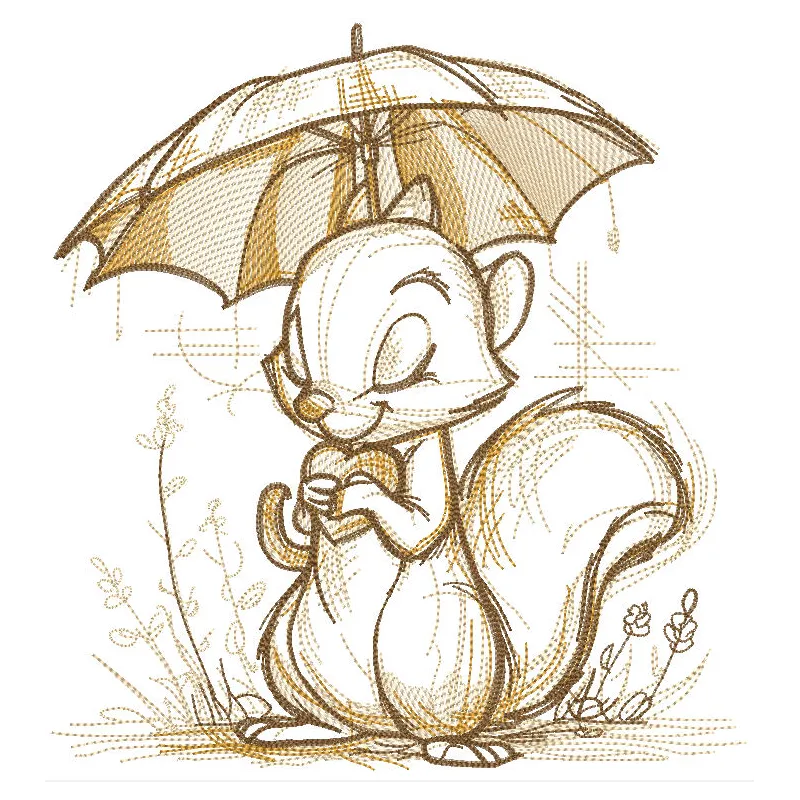 Embroidery design featuring a squirrel with a heart under an umbrella, showcasing woodland animal charm.