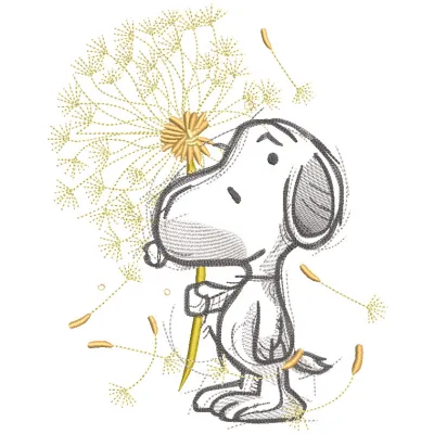 Snoopy with dandelion embroidery design, featuring a detailed and colorful illustration of Snoopy beside a dandelion.