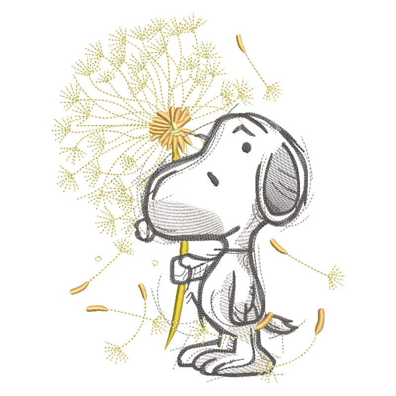 Snoopy with dandelion embroidery design, featuring a detailed and colorful illustration of Snoopy beside a dandelion.