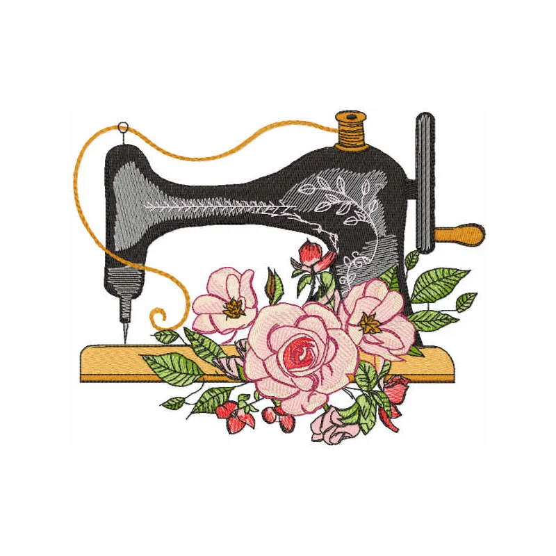Vintage sewing machine with roses embroidery design preview for digital stitching