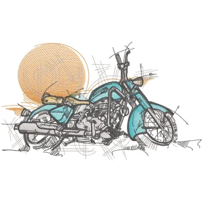 Vintage motorcycle embroidery design featuring a beautiful sunset backdrop, showcasing intricate stitching details.
