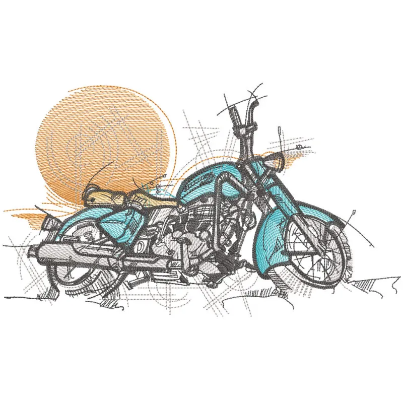 Vintage motorcycle embroidery design featuring a beautiful sunset backdrop, showcasing intricate stitching details.