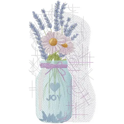 Lavender and chamomile in a jar, featuring a joy embroidery design, showcasing delicate floral details.