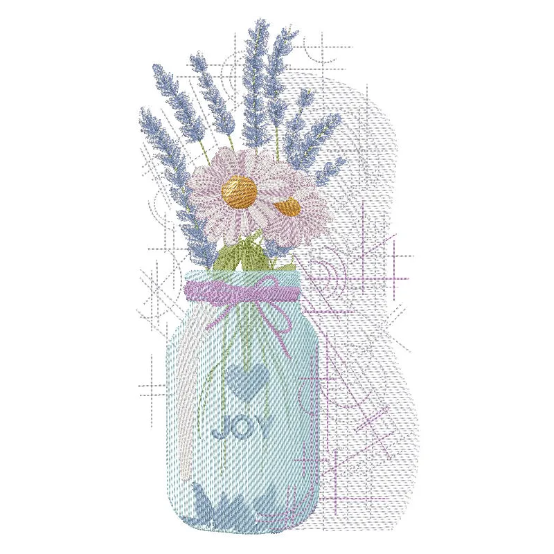 Lavender and chamomile in a jar, featuring a joy embroidery design, showcasing delicate floral details.