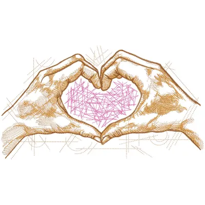 Close-up of hands creating a heart embroidery design, showcasing intricate stitching for Valentine's Day.