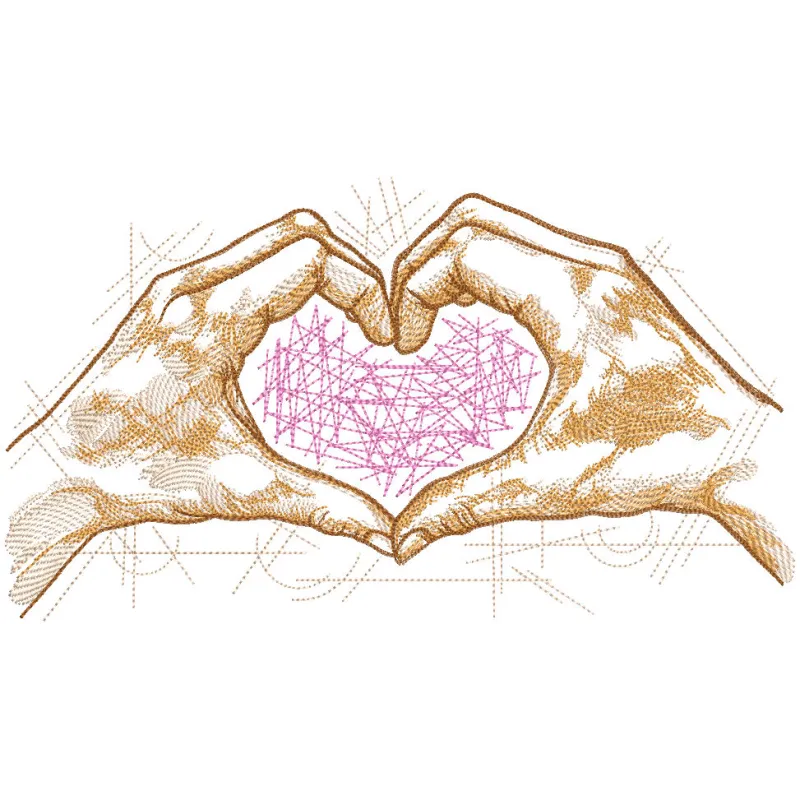 Close-up of hands creating a heart embroidery design, showcasing intricate stitching for Valentine's Day.