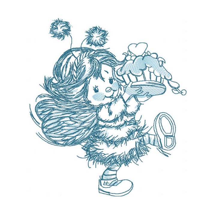 Blue cute fairy with cake embroidery design - Embroidery Design