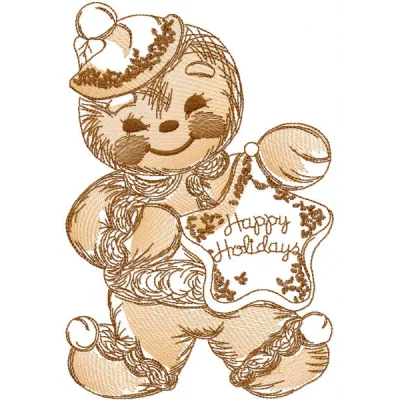 Gingerbread Christmas sketch embroidery design preview showing detailed stitching pattern
