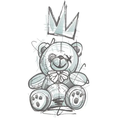 Crazy king teddy bear embroidery design featuring a playful bear wearing a crown and colorful embellishments.