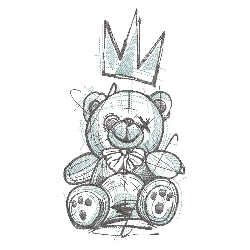 Crazy king teddy bear embroidery design featuring a playful bear wearing a crown and colorful embellishments.