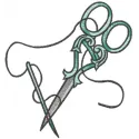 Scissors and needle embroidery design preview showing detailed stitching pattern for crafts