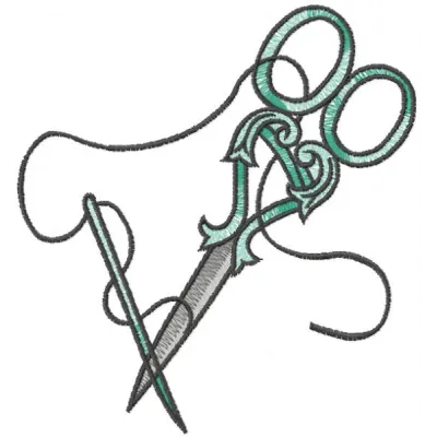 Scissors and needle embroidery design preview showing detailed stitching pattern for crafts