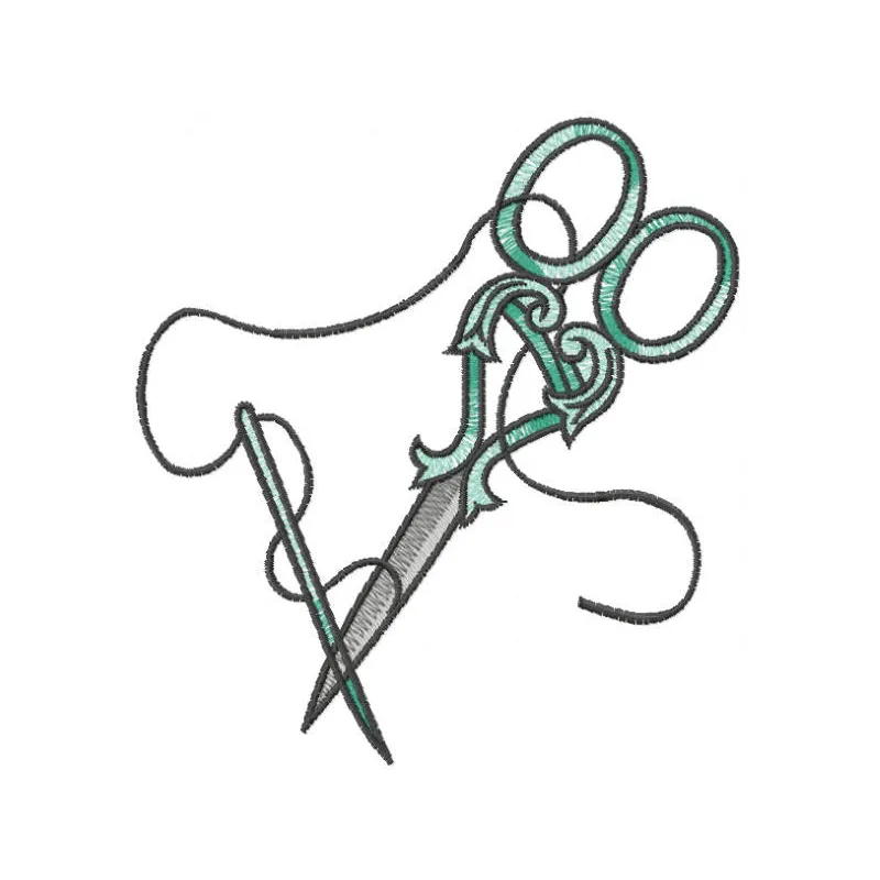 Scissors and needle embroidery design preview showing detailed stitching pattern for crafts