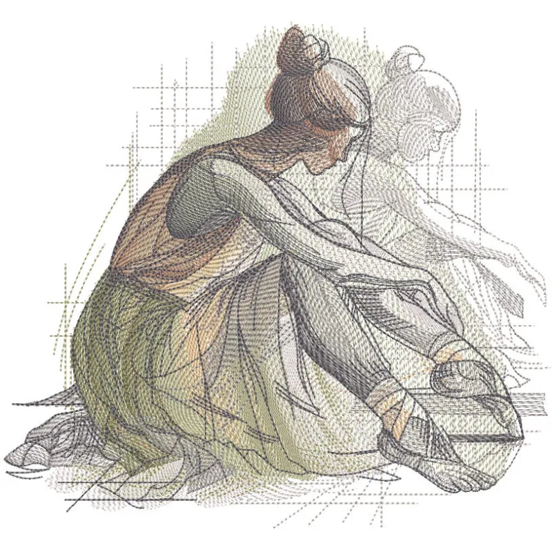 A detailed sketch of a tired ballerina, showcasing intricate embroidery design elements.