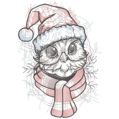 Santa owl with knitted scarf embroidery design, featuring a festive owl wearing a red and white scarf on a Christmas-themed …