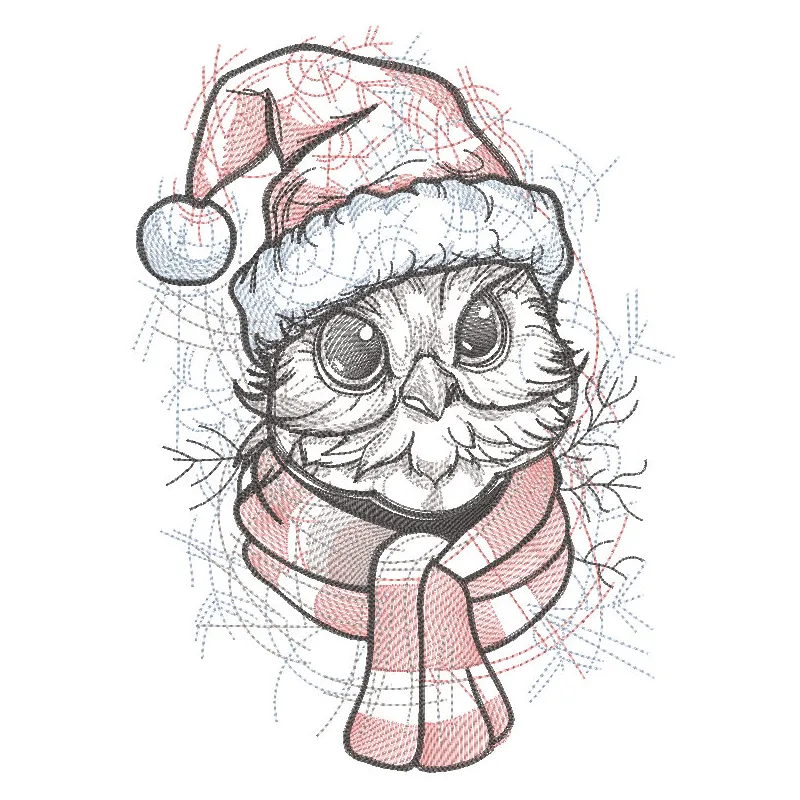 Santa owl with knitted scarf embroidery design, featuring a festive owl wearing a red and white scarf on a Christmas-themed …