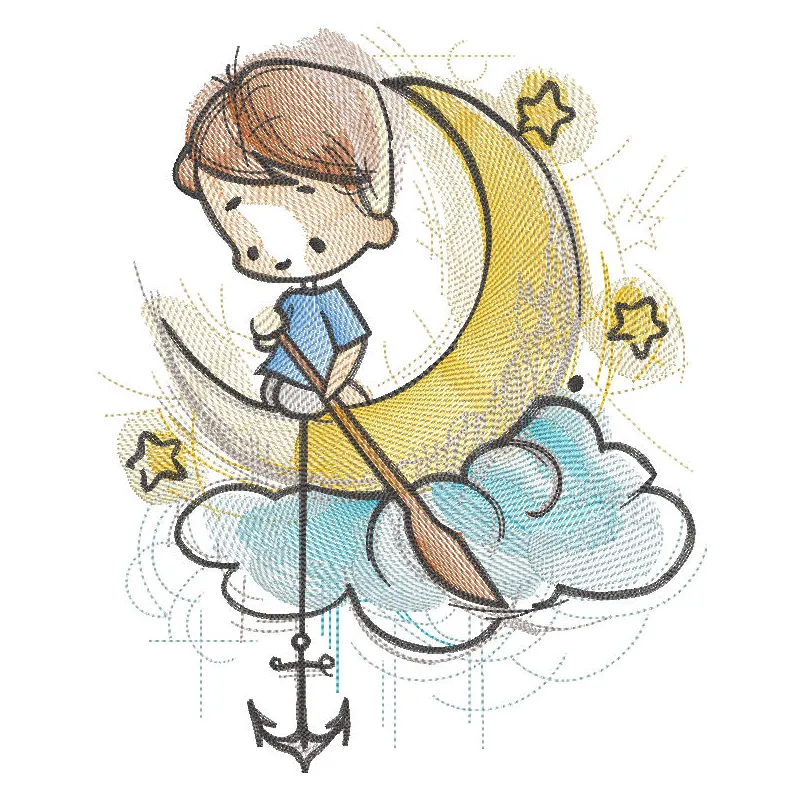 Boy with a paddle floating on a cloud embroidery design