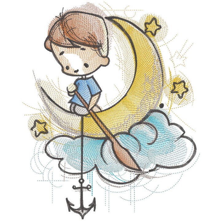 Boy with a paddle floating on a cloud embroidery design