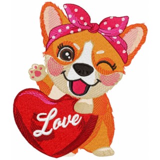 Corgi with red heart embroidery design - Embroidery Design