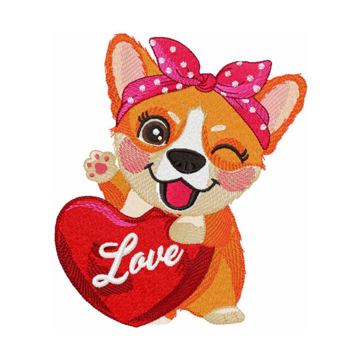 Corgi with red heart embroidery design - Embroidery Design