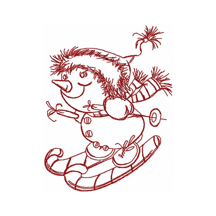 Snowman skiing redwork embroidery design - Embroidery Design
