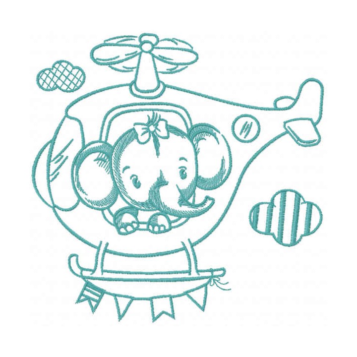 Baby elephant flying in helicopter embroidery design - Embroidery Design