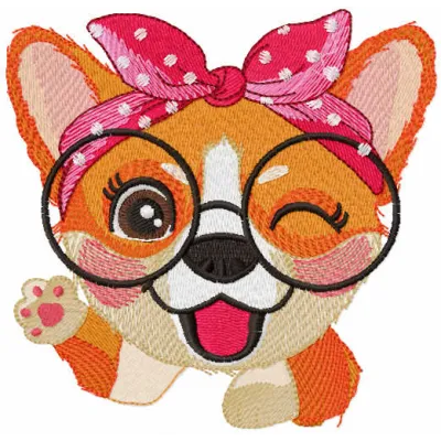 Corgi waving paw embroidery design preview showing cute dog stitching pattern