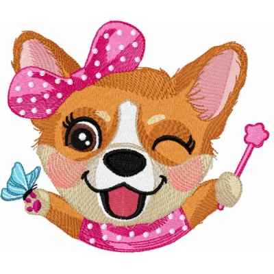 Corgi party time embroidery design featuring a playful corgi with festive elements