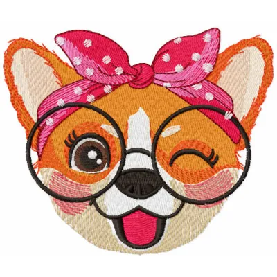 Corgi with glasses embroidery design preview showing stitched dog motif