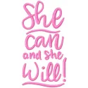 She can and she will script embroidery design preview showing flowing cursive lettering